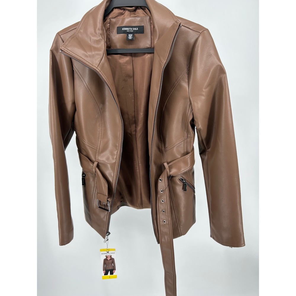 Kenneth Cole Faux Leather Jacket Womens Small Brown NWT Belted Moto Zip